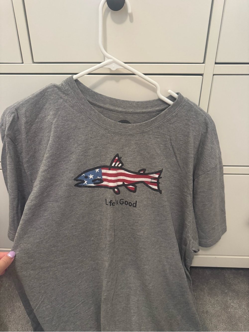 Life Is Good Grey Tee with American Flag Fish Graphic